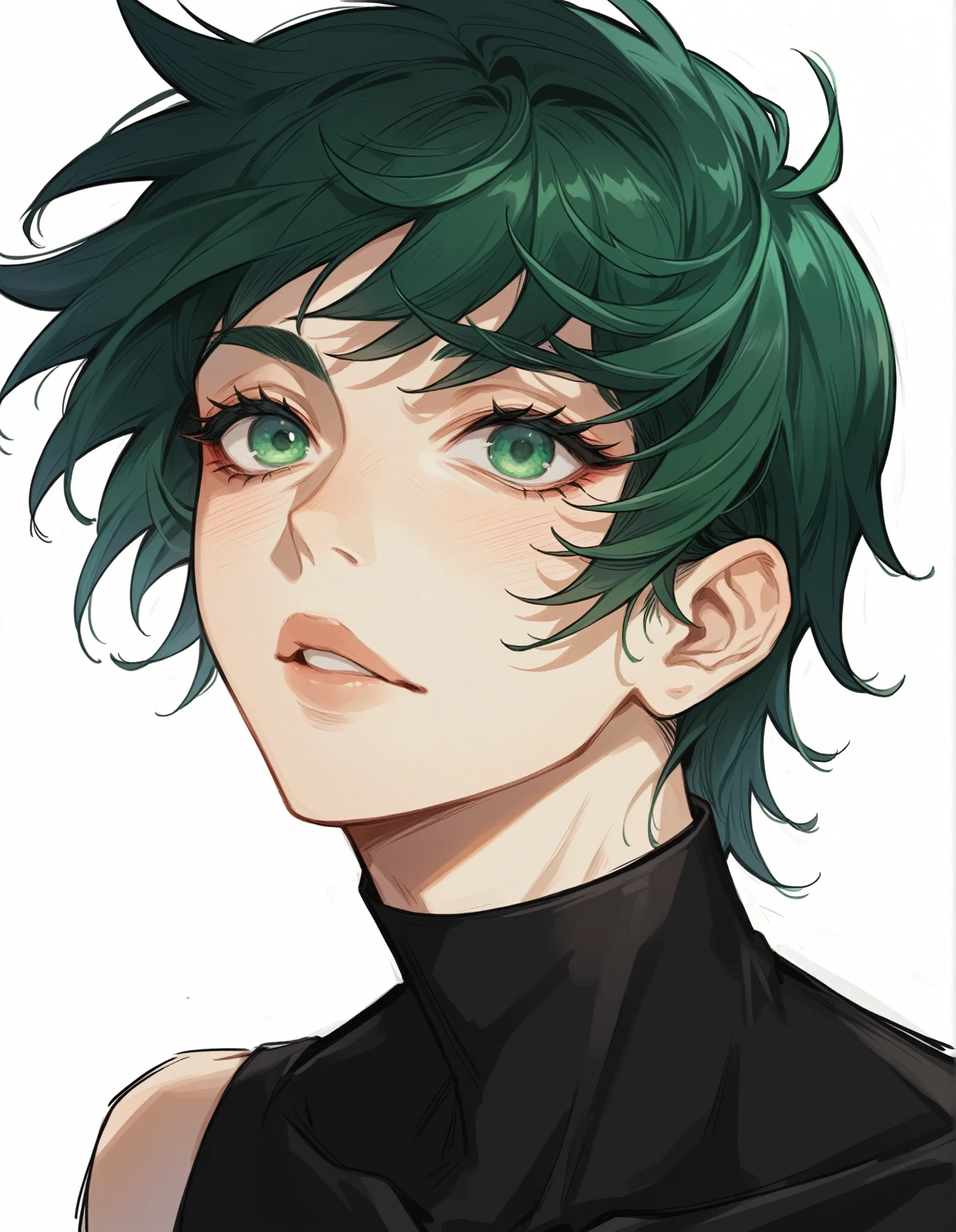 1womanl, beautiful woman, アニメ, ((intrikate)), dramatic lighting, olhos super detaildeds, detailded, work of art, short green hair, hair green, female focus, adolescent, bonitas, tall and beautiful guy, sexy look, villain, olhar malicioso, greeneyes