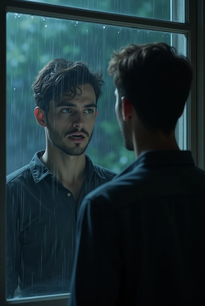 (photorealism:1.2), This time, the telephone caller says, “Look behind you.” He turns around and sees his own reflection in the window, but it’s smiling at him with a menacing grin, rainy night, lightening through the window, young beautiful man, 