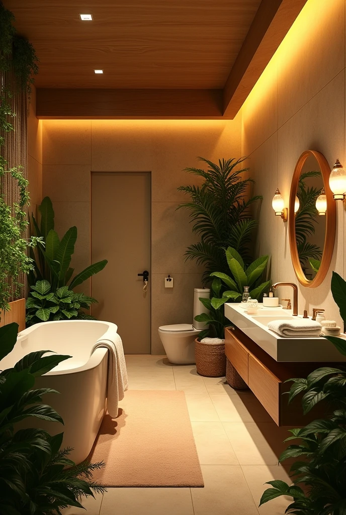 Create the coziest bathroom with ambient lights without a bathtub and make it bigger and add leafy decor make it more realistic and yellow lighting and make it look warmer