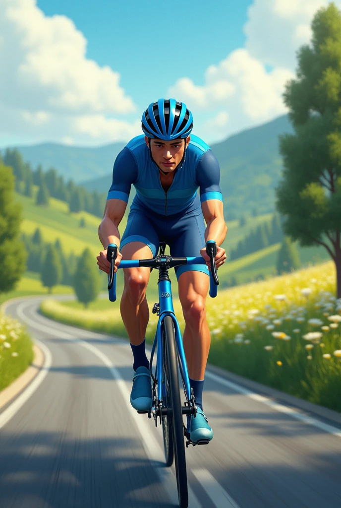 first person view of a guy rideing a blue bike in a countryside in a high speed