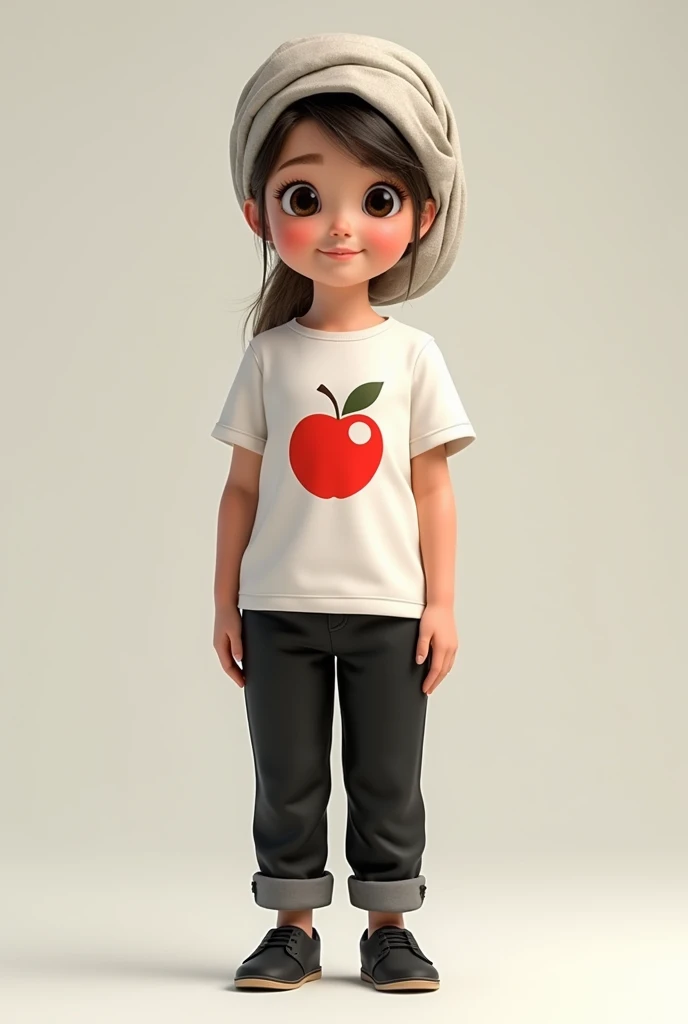 A small girl in white T shirt , black pant and black shoe
With head covered turban style
The white T shirt should have a picture of apple

