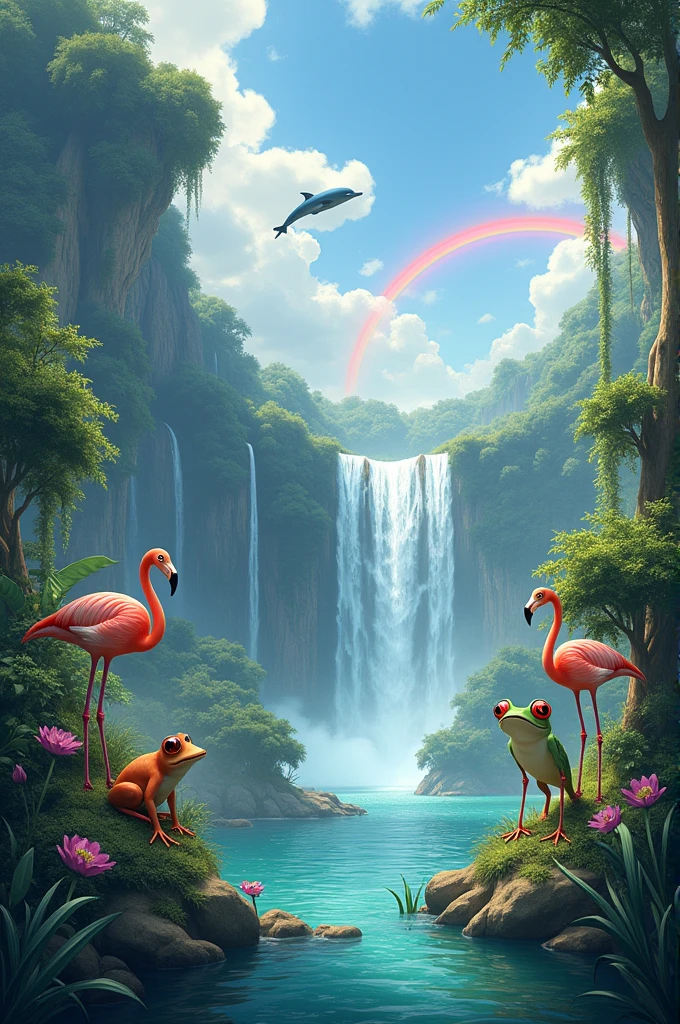 Create an image with a beautiful landscape, a rainbow in the background next to a waterfall and lots of dolphins and flamingos flying and below frogs with big eyes