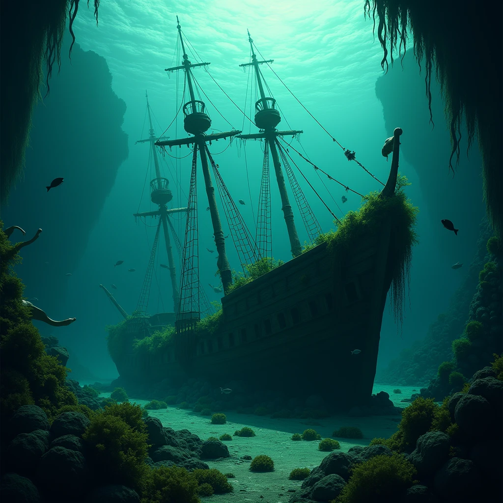 An ancient shipwreck on the ocean floor. Green algae and fish surround the ship, slowly floating in the dark water behind.