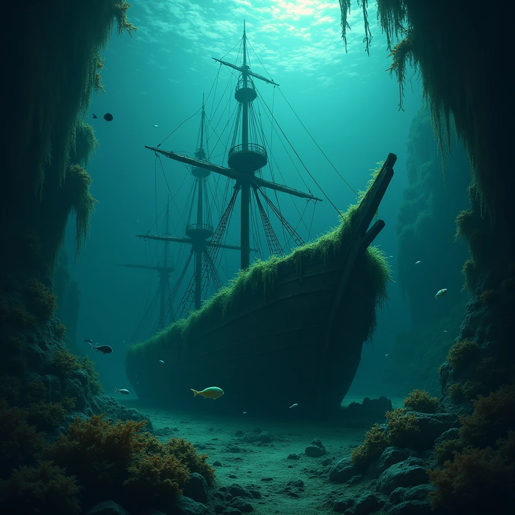 An ancient shipwreck on the ocean floor. Green algae and fish surround the ship, slowly floating in the dark water behind.