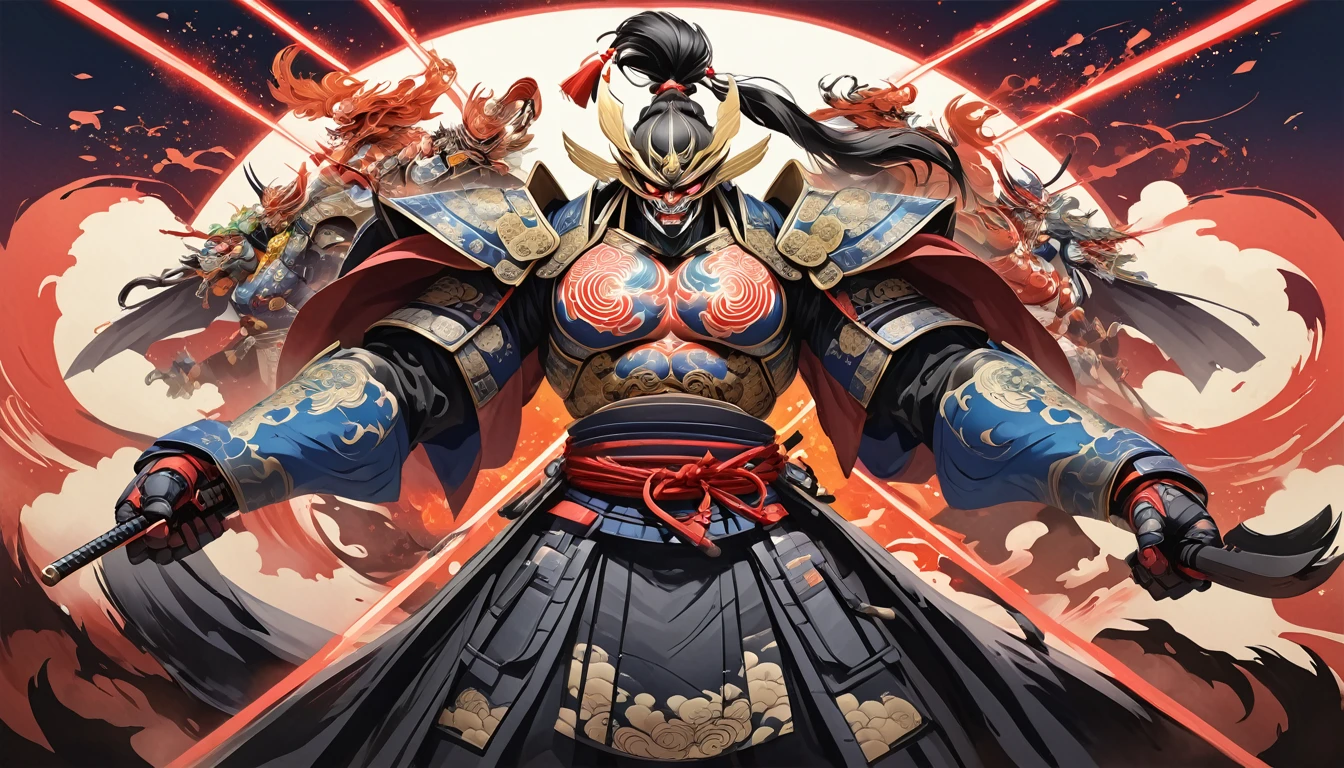 authentic illustrated Washipaper close full body infp complex evil Miyamoto Musash add weapon(perfect anatomy), Beautiful firm round busts, perfect busts, authentic tattoo designs drawn directly all over the body, bold medium, authentic samurai Art Design, Cutting-edge samurai fashion, Innovative, The center of attention,japanese prefecture, honk kong, Special laser art design, -motto,against a complex Background, --niji 50 --chaos 30 --testpfx
