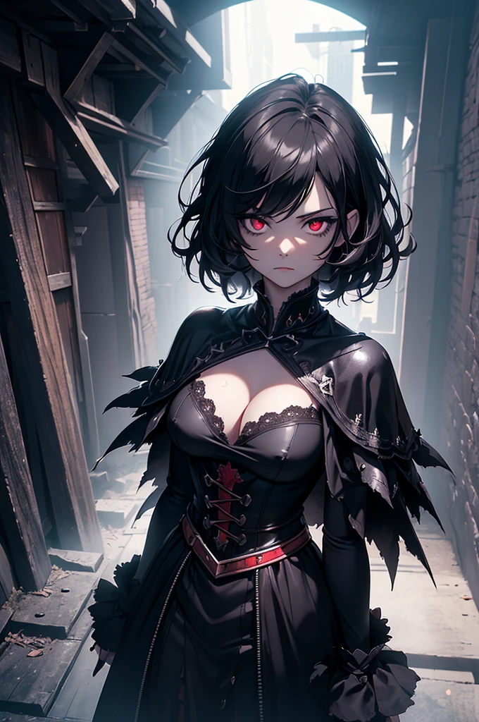 (digital painting),(best quality), masterpiece, 8k resolution, (dark mood background:1.4), dark fantasy, vintage 80s style, oil painting, anime girl, one girl, solo, beautiful girl, goth girl, pale skin, big breast, seducing, dressed, (sad face: 1.2), big eyes, (red eyes:1.2), (very detailed eyes:1.4), cute girl, short hair, black hair, black knight armour, dynamic lighting, deep shadows, (view from above:1.2), looking upwards, (wide angle lens distortion:1.2)