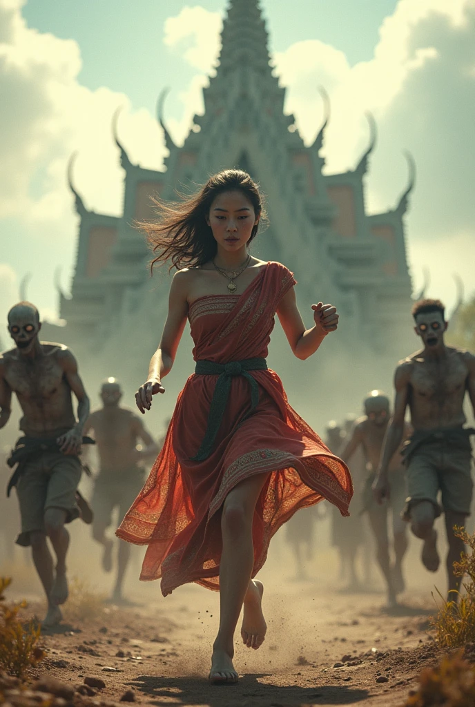 A female survivor wearing a Thai dress is running away from zombies. The image must show a Thai temple.