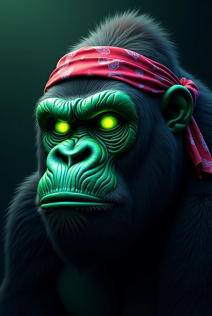 Gorilla head,neon green ,fantasy stil,black Background ,bandana,cartoon