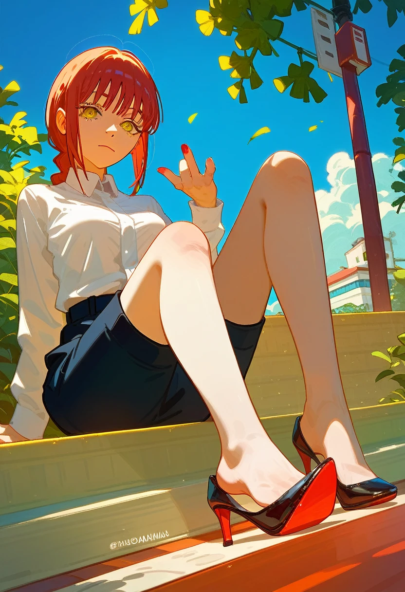 1girl, high heels shoe dangle, makima (chainsaw man), sitting