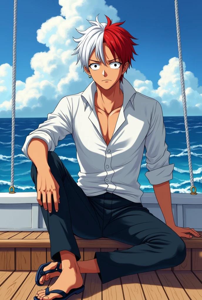 Draw a character in the style of One Piece. He has short hair, half white and half red, His clothes are a simple white dress shirt and black pants. His skin is slightly tanned and he has a neutral expression., sitting on the steps of the ship&#39;s deck. He&#39;s pretty much the male version of Uta..