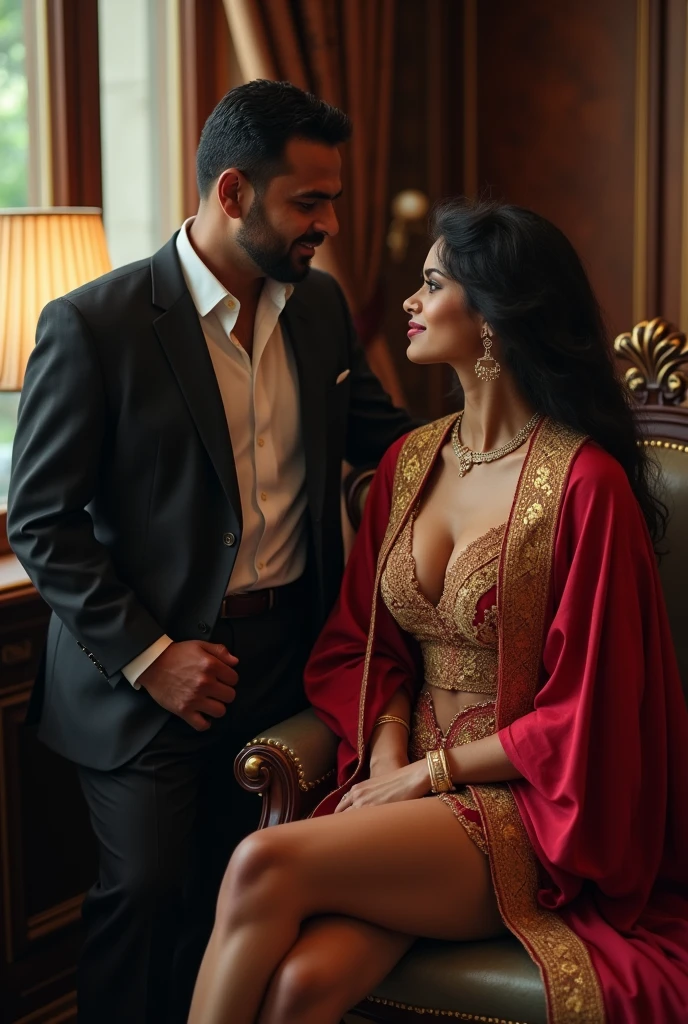 Wearing full body Academic regalia wealthy sri lankan average beautiful girl(big large breasts and butt) sit in chair and sri lankan wealthy age 35 man (software,electrical,garments companies owner)