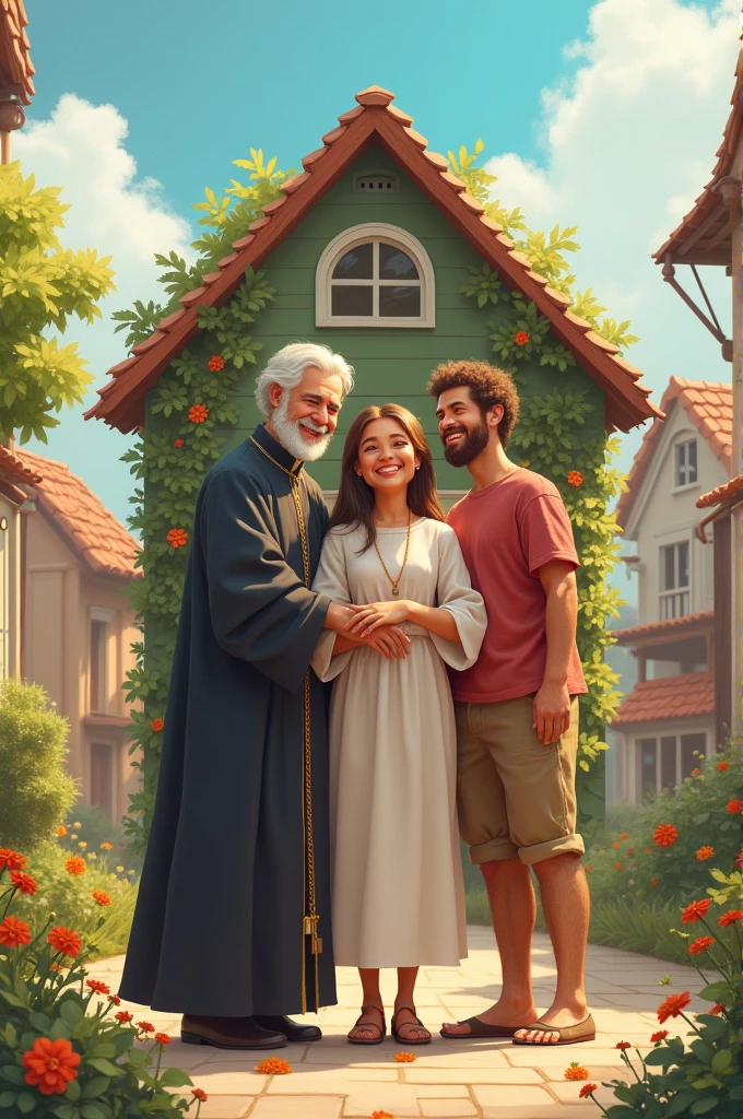 Generate an image, where in the environment there is a priest, a brake, a house made up of a man and a woman and also another man in casual clothes. Everyone is very happy and interacting with each other