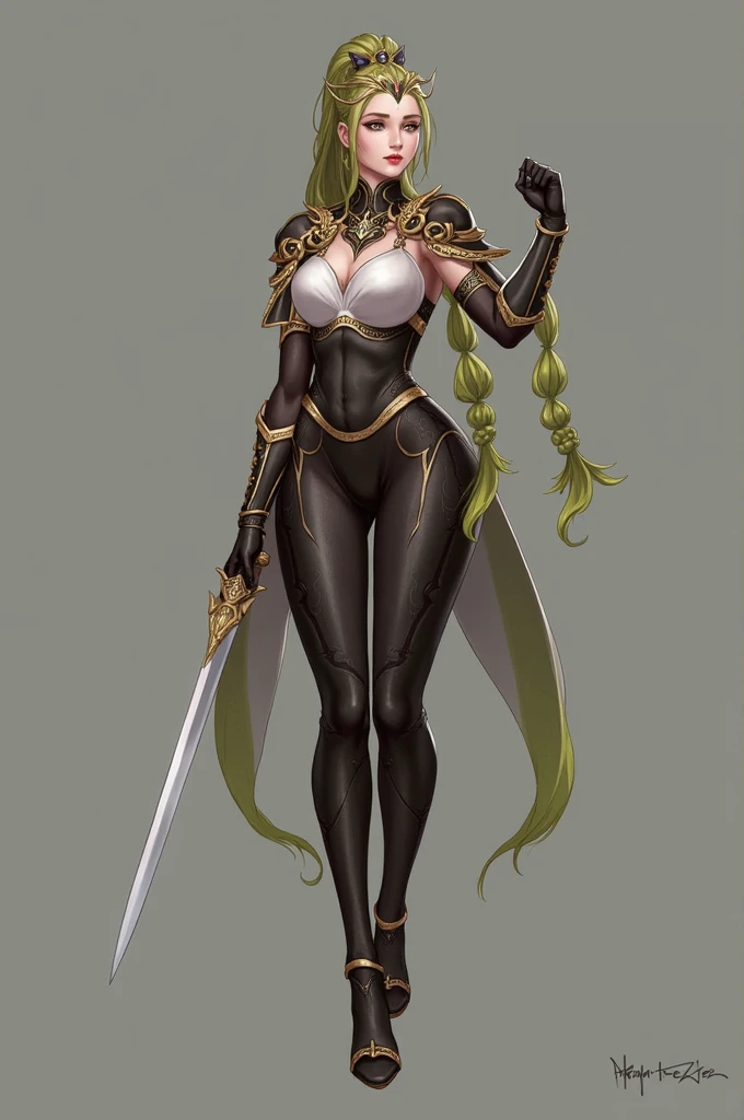 Busty female reptile，With shiny black scales and a long tail. Wearing sleek, simple gold armor. . Holding a sword，Posture upright，Full body portrait，