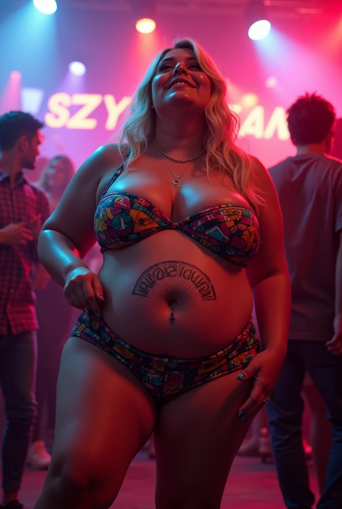 Plus size model woman is obese and fat, 150kg, with a lot of belly fat, she gained weight by eating too much, she is an obese plus size model with a very big belly, her belly is bulging and covered with a lot of fat, she has blonde hair, a saggy belly, wearing a colorful outfit, she has a tattoo around her navel, she is swaying to upbeat music in a nightclub, 4K quality, low angle