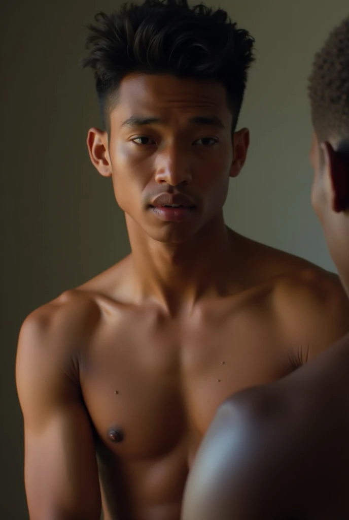 Manhwa, a young man, about 20 years old, muscular and handsome. He has short fluffy black hair. He is naked and has a big dick. He is being fucked hard by a dark-skinned young man.