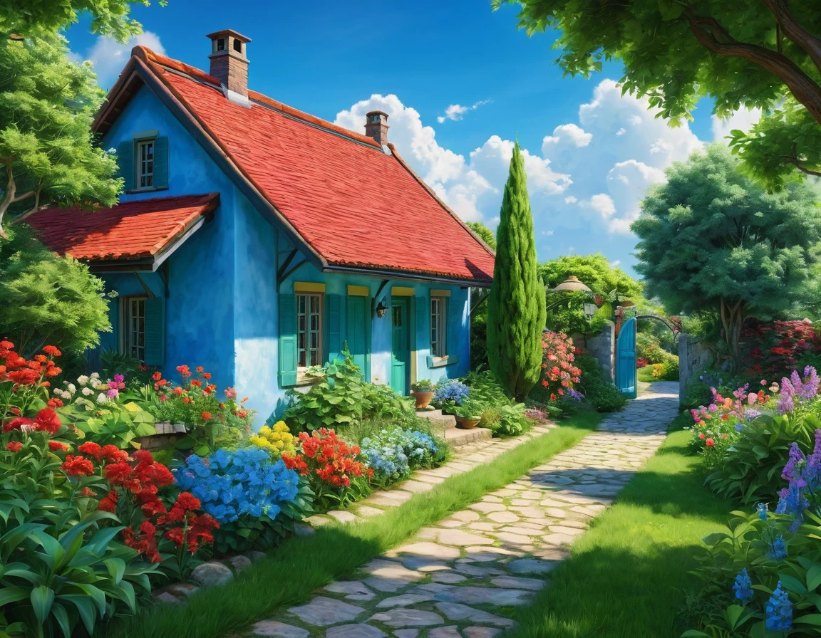 Prompts
Txt2Img
This image is a painting of a charming house with a red roof and a blue door, set against a serene background. The house is surrounded by a beautiful garden with various flowers, and a pathway leads up to the entrance. Two lamps are placed on either side of the pathway, adding a cozy touch to the scene. In the distance, a tree stands tall, reaching towards the sky filled with fluffy clouds. The colors in the painting are predominantly shades of blue and green, creating a peaceful and inviting atmosphere. The overall composition evokes a sense of tranquility and warmth. vibrant colors,lighted ambience, biophilic aesthetic, sharp focus,incredible ultra-realism,hyper maximalism,photorealistic,smooth highly detailed,high saturation and contrast,unreal engine,HDR,32 k,final render,masterpiece