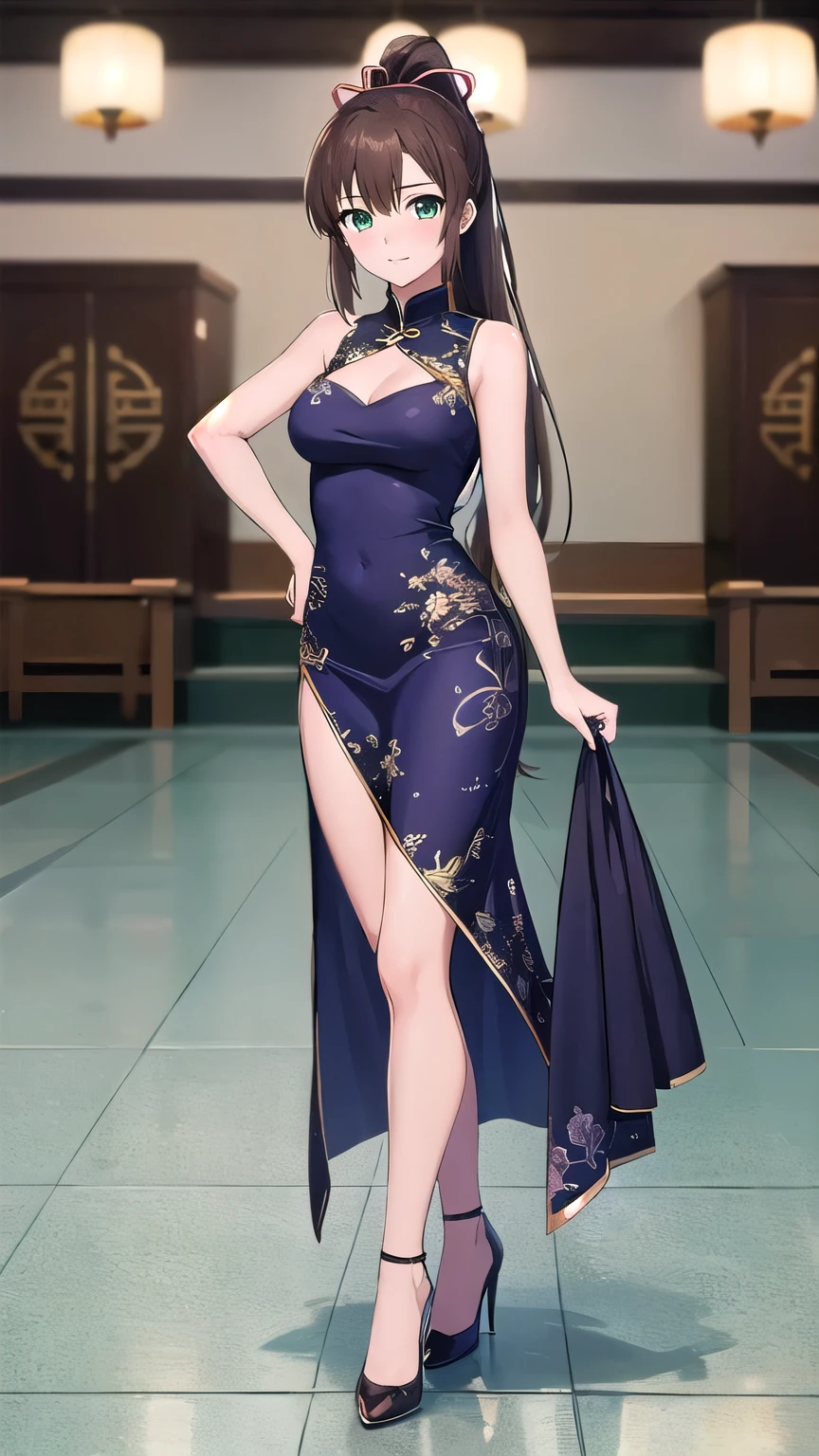 (masterpiece), (Highest quality), (Sayaka Kirasaka),  One girl, Green Eyes, Light in your eyes, Dark brown hair, ponytail, Hair Ribbon, (medium Breasts), (long China dress), (high-heels), Looking at the audience, full body, indoor