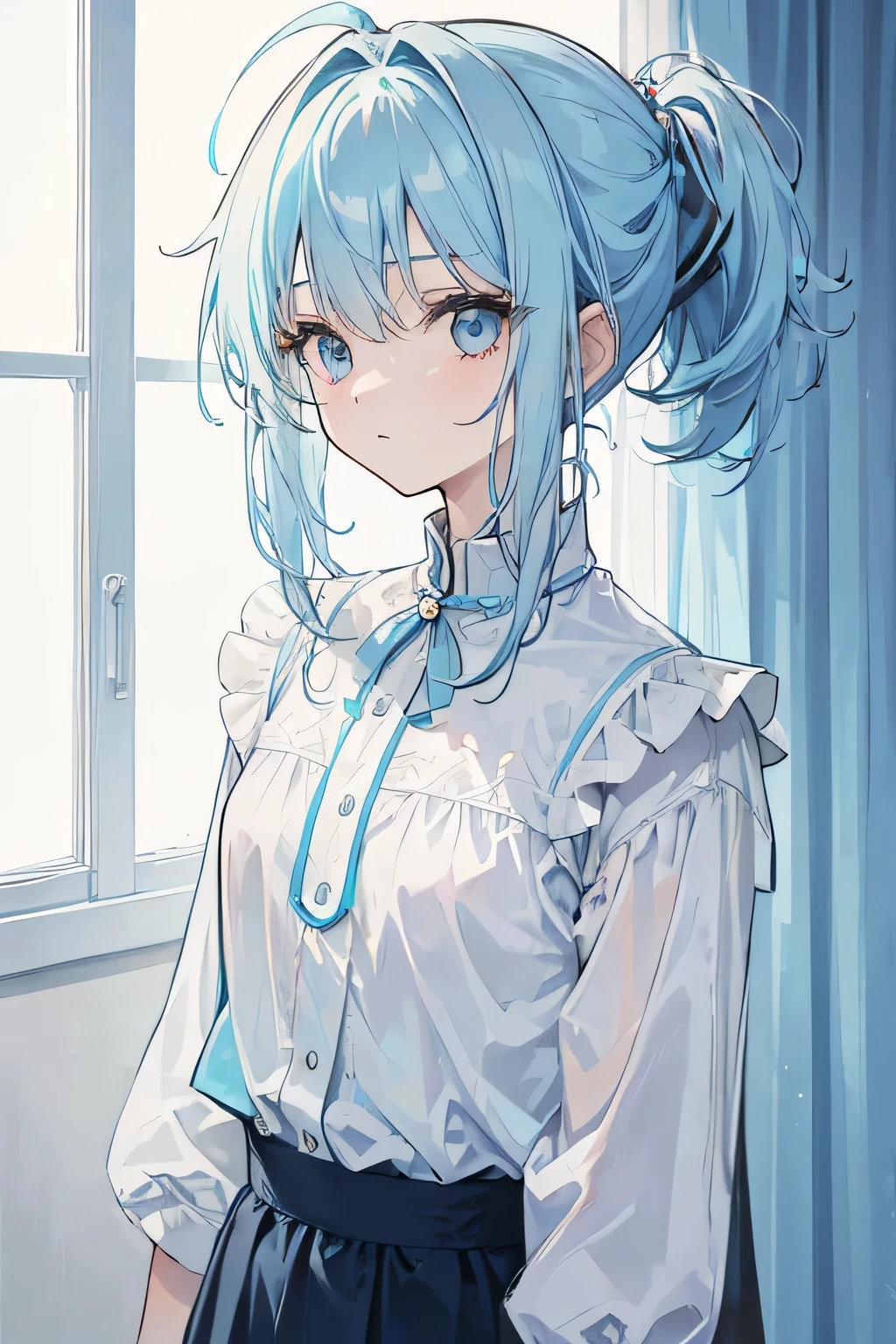 (((One person))), ((((alone)))), ((Messy hairstyle)), (((Light blue hair)), Soft blouse