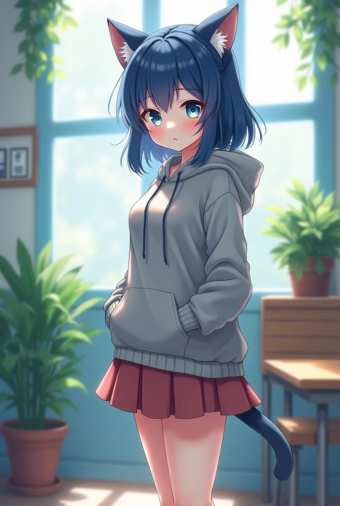 Cat girl who’s 5’4 1 with blue medium sized hair in a hoodie and a skirt and big boobs and she is in a school with her hand in her pockets