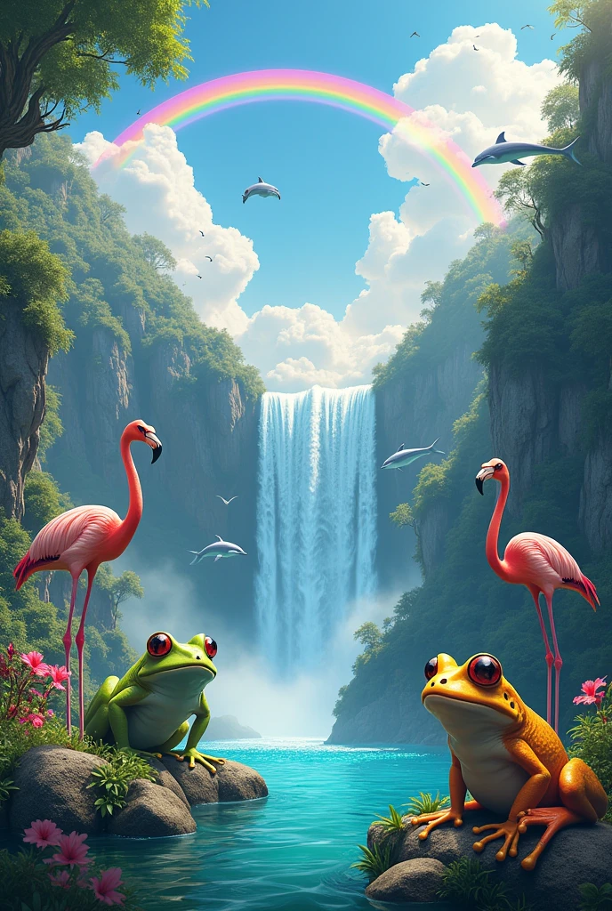 Create an image with a beautiful landscape, a rainbow in the background next to a waterfall and lots of dolphins and flamingos flying and below frogs with big eyes