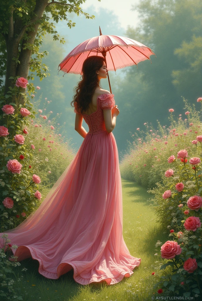 Women with umbrella from behind, wearing pink dress, in England era, in the flower garden, alone