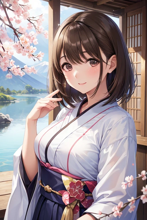 anegasaki nene、Shiny brown hair, short hair, (Beautiful brown eyes、Sparkling eyes, Fine grain)、smile、Ultra-detailed eyes、Very detailed顔, Very detailed目,Cowboy Shot、
((Highest quality)),(Ultra-high resolution),(Very detailed),(Detailed Description),((The best CG)),(masterpiece),Very detailedアート,(Art with precise detail:1.5), 1 beautiful girl, kimono, Mount Fuji and cherry blossom background, On the shores of the lake
