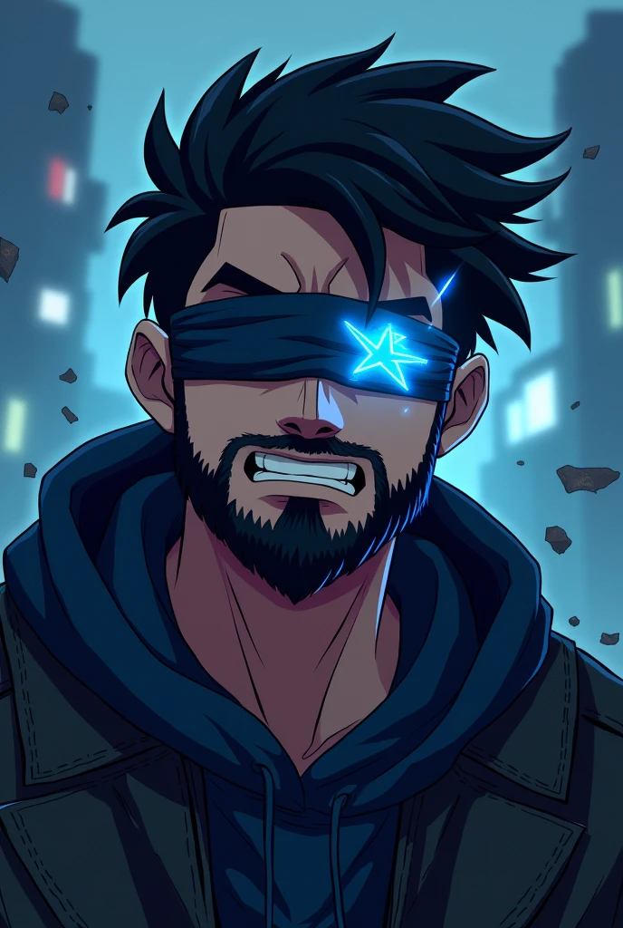 Gaming channel,a competitive player,eye were blue spark, background were in war,anime, agressive,gender male, cartoon,face were beard and moustache,alone,eyes are covered with cloth