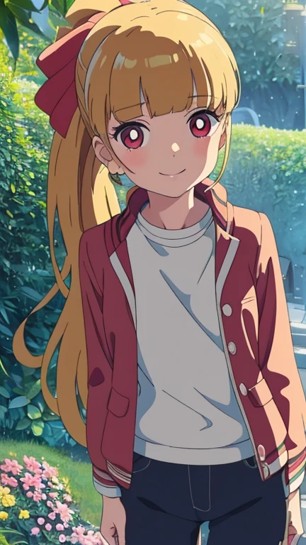 (1girl, solo, highly insanely detailed, masterpiece, top quality, best quality, highres, 4k, 8k, RAW photo),((innocent look)),((Childish)),From the front, symmetrical composition,smile,cute,Innocent,Kind eyes, kotonoha no niwa, park,flowers,lawn,trees, The Garden of Words, (ppgzmmk), upper body, long hair, blonde hair, hair bow, blunt bangs, ponytail, red eyes, bright pupils, winter coat, long pants,