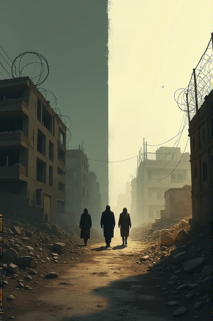 Create an image that depicts the deep complexity and emotional intensity of the Israeli-Palestinian conflict. The scene should show a stark contrast between hope and despair, symbolized by a split landscape: on one side, a war-torn area with ruins and barbed wire, and on the other, a glimpse of peace with an olive branch or a dove. The image should be powerful, capturing the struggle, pain, and yearning for peace on both sides, using muted colors to reflect the somber tone of the conflict."