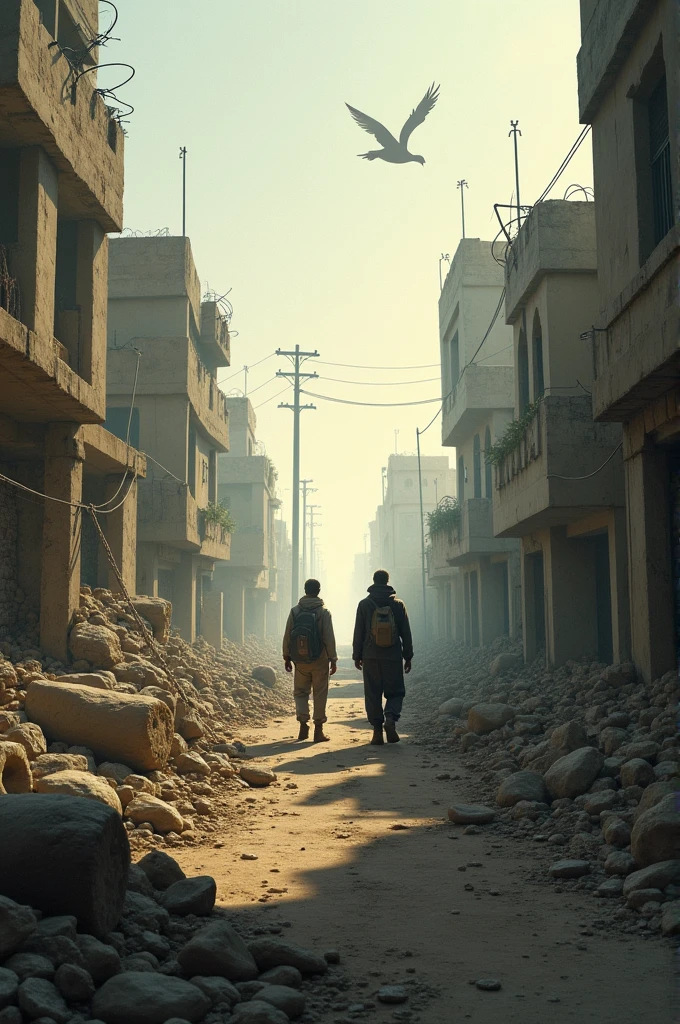 Create an image that depicts the deep complexity and emotional intensity of the Israeli-Palestinian conflict. The scene should show a stark contrast between hope and despair, symbolized by a split landscape: on one side, a war-torn area with ruins and barbed wire, and on the other, a glimpse of peace with an olive branch or a dove. The image should be powerful, capturing the struggle, pain, and yearning for peace on both sides, using muted colors to reflect the somber tone of the conflict."