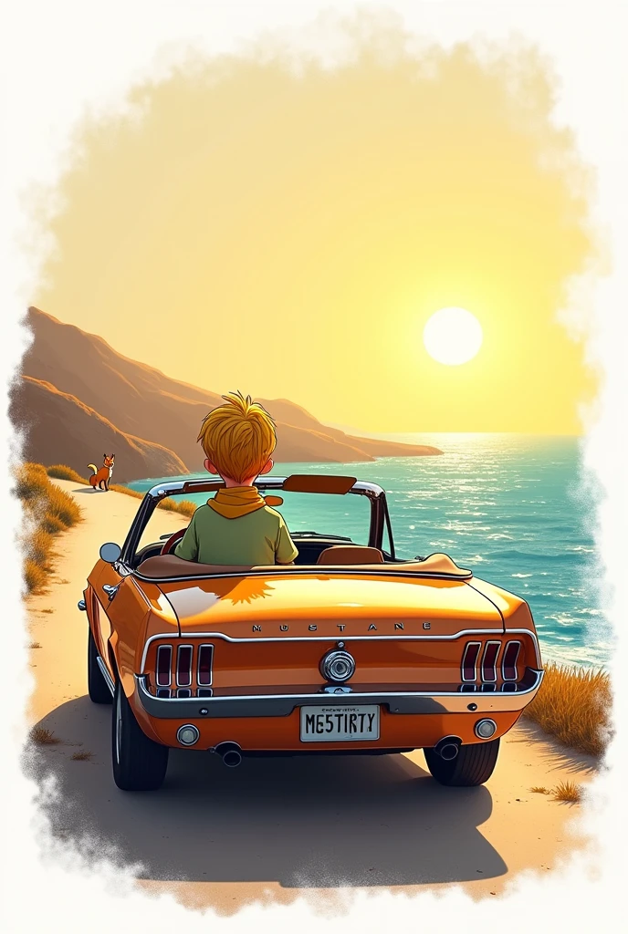The image features a scene inspired by The Little Prince, showing the Little Prince, a small child with blonde hair, a pale green shirt, and a flowing golden scarf, seated in a deep red 1967 Mustang convertible. The Little Prince is appropriately scaled to fit naturally within the car, ensuring that his size is proportional to the vehicle. The scene captures a rear view from a far lateral perspective, with the Little Prince driving on the left side of the car. A sketchy fox sits beside him on the right. The Mustang is positioned far from the viewer, with ‘Mustang’ clearly visible on the rear. The road curves gently alongside the ocean, where sparkling waves meet a warm sunset in orange and gold hues on the horizon. The Little Prince’s golden scarf billows dramatically in the wind. The image is framed with an artistic, sketch-like border that fades softly into a white background, evoking a nostalgic and adventurous feel, ideal for a T-shirt design.