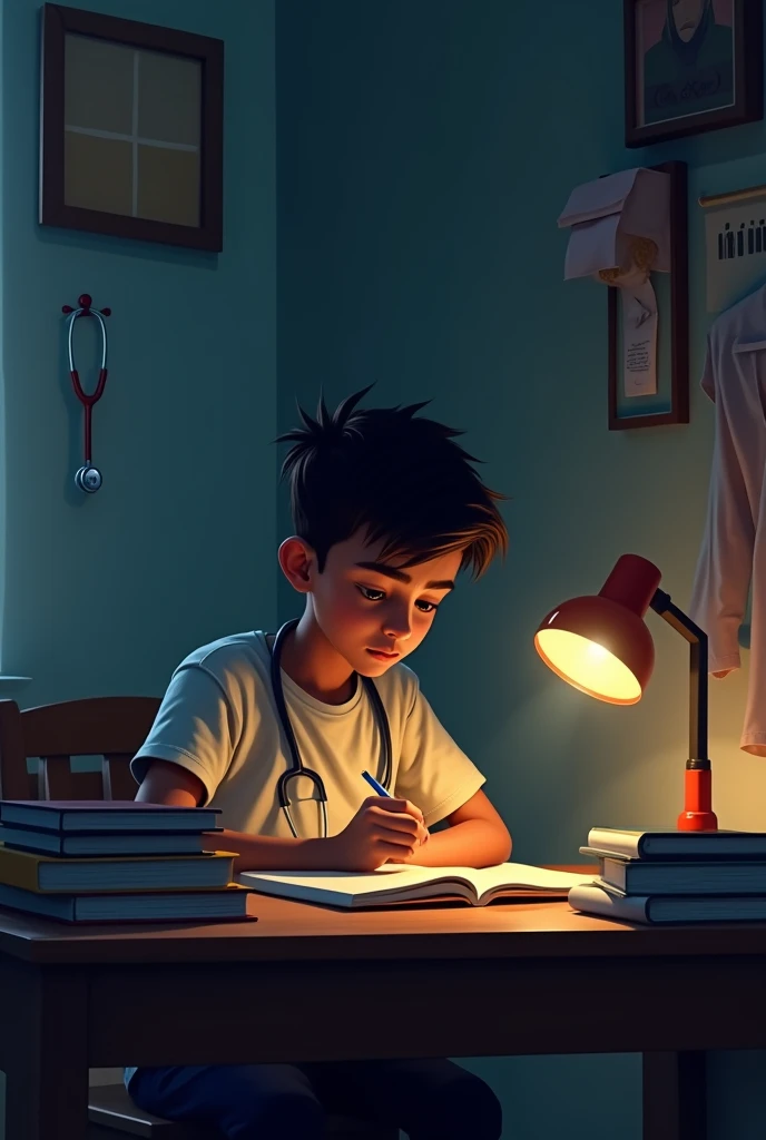 A Indian young boy busy in his studies in a dark room and a apron and a stethoscope hang over in his table
