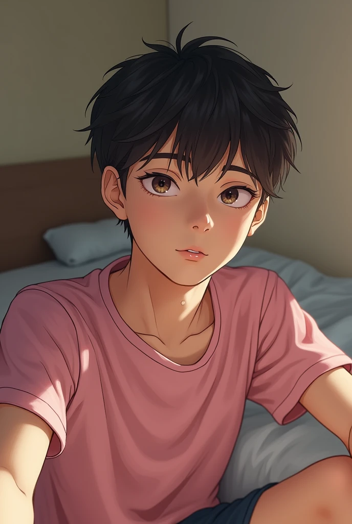 a young man in a pink t - shirt sitting on a bed looking at the, androgynous male, androgynous person, androgynous face, 1  boy thin face, shot with iphone 1 0, nivanh chanthara, face picture, androgynous, male teenager, in the style of sifu 🔥 😎 🕹️ 👀 :2, boy with neutral face, face showing, cute young man, selfie of a man, he is about 20 years old | short, without mustache, selfie!!!!! of a man, Saurabh Jethani, light stubble with red shirt, bhare
