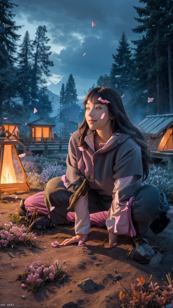 masterpiece, absurdres, hinata\(boruto\), 1girl, solo,mature female, purple hoodie,layered sleeves, brown pants, outdoors,lavender flower field, looking at viewer, (falling petals), cloudy sky, perfect composition, detailed lips, big breast, beautiful face, body propotion, blush, (pink lips), long hair, purple eyes, soft gaze, happy smile, super realistic, detailed, photoshoot, realistic face and body, realistic hair, realistic eyes, realistic nose, realistic lips