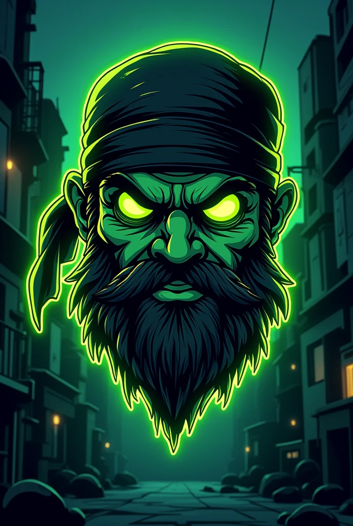 Pirate head,neon green ,fantasy stil,black Background ,bandana,cartoon,urban