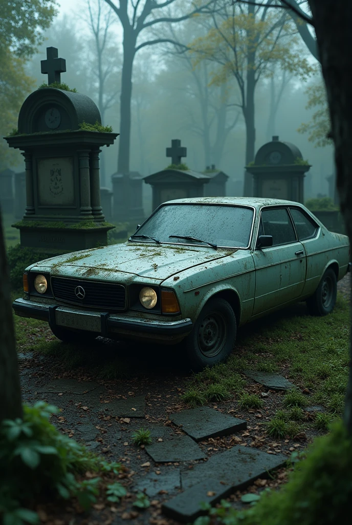 Can you make this car in th link seeming like it hit a gravestone in a graveyard?
https://images.app.goo.gl/hZrkJ5cAABoq96DQ9