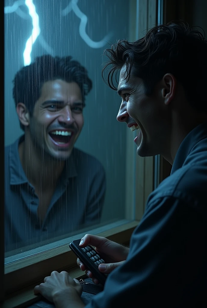 (photorealism:1.2), rainy night, lightening through the window,  the telephone caller says, “Look behind you.” He turns around and sees his own reflection (young beautiful man),  in the window, but it’s smiling at him with a menacing grin, 