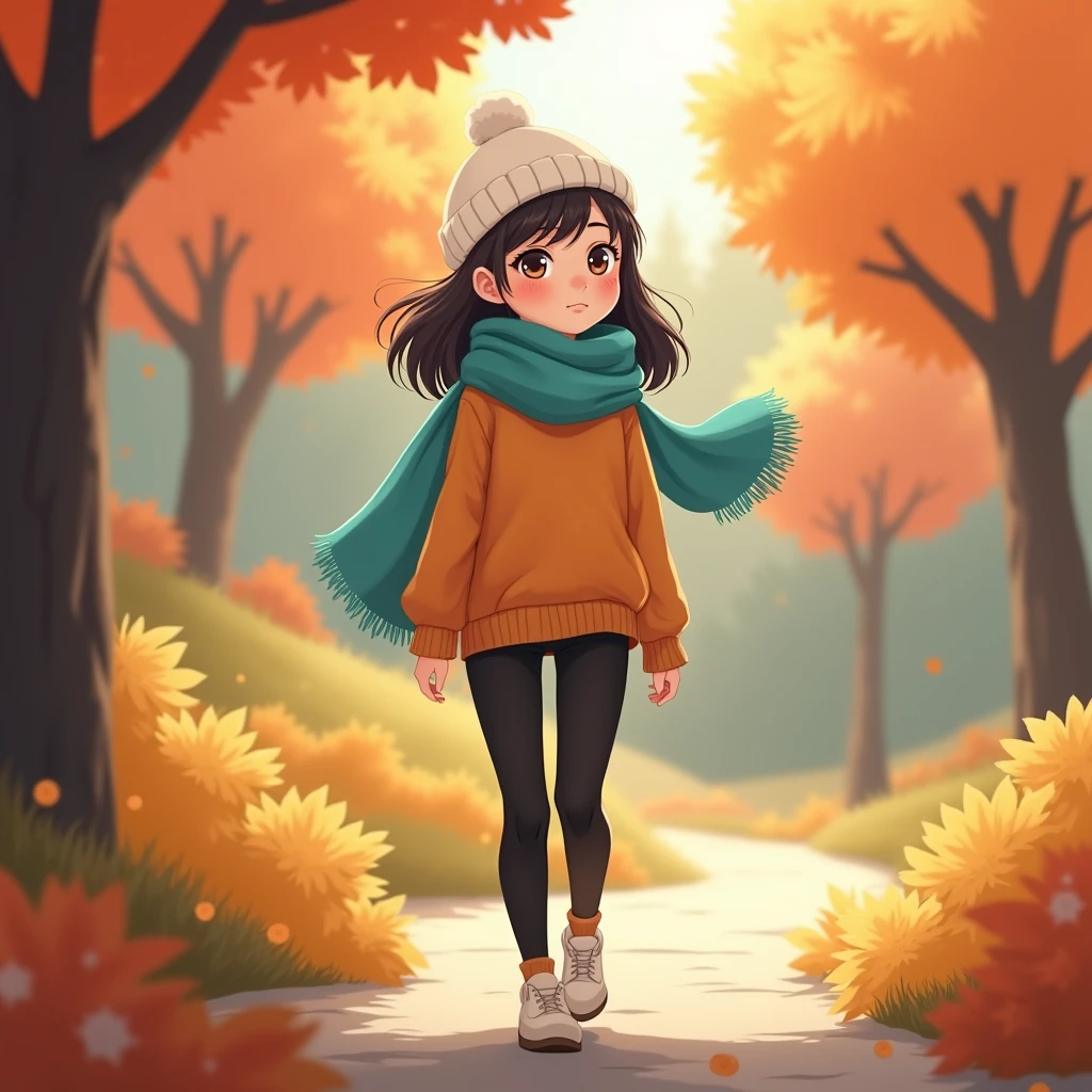 young anime woman, strolling outdoors in autumn, wearing a white beanie, orange sweater, turquoise scarf, black pants.