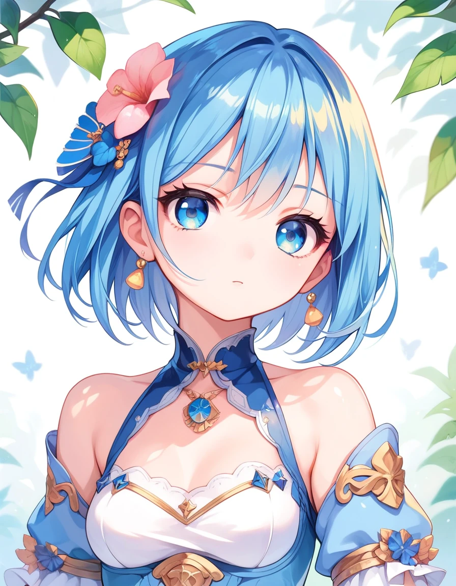 masterpiece, best quality, anime ,A pair of twin girls, blue hair, short hair, an expressionless girl and a lovely smiling girl,