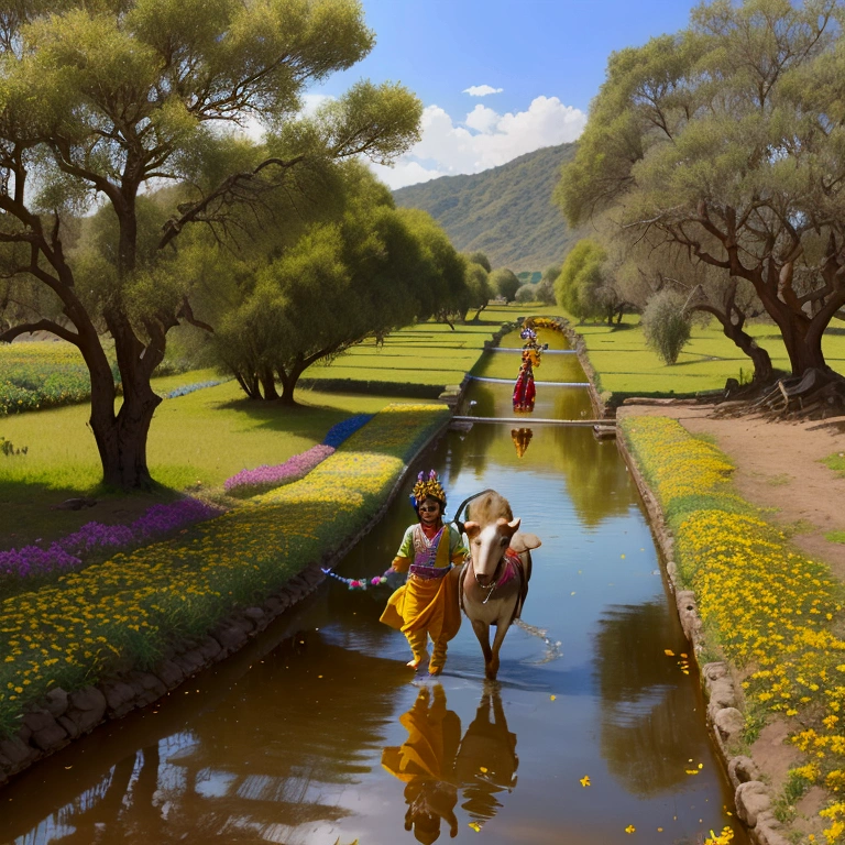 The scene is set in the lush, green fields of Vrindavan during a serene afternoon. Krishna, depicted as a charming young boy with a radiant smile, is playfully herding a group of cows. The cows, with their gentle eyes and adorned with flower garlands, frolic around him. Krishna, dressed in vibrant yellow dhoti and a peacock feather crown, is laughing as he skillfully leads the cows towards a crystal-clear stream. Nearby, a group of village children, dressed in traditional attire, are gleefully chasing after butterflies and playing with the colorful kites they’ve made. The background features rolling hills dotted with blooming flowers and the ancient, sacred trees of Vrindavan.