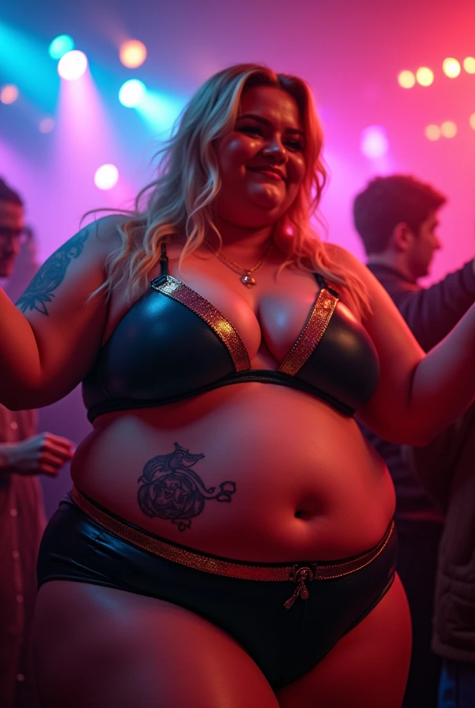 Plus size model woman is obese and fat, 150kg, with a lot of belly fat, she gained weight by eating too much, she is an obese plus size model with a very big belly, her belly is bulging and covered with a lot of fat, she has blonde hair, a saggy belly, wearing a colorful outfit, she has a tattoo around her navel, she is swaying to upbeat music in a nightclub, 4K quality, low angle