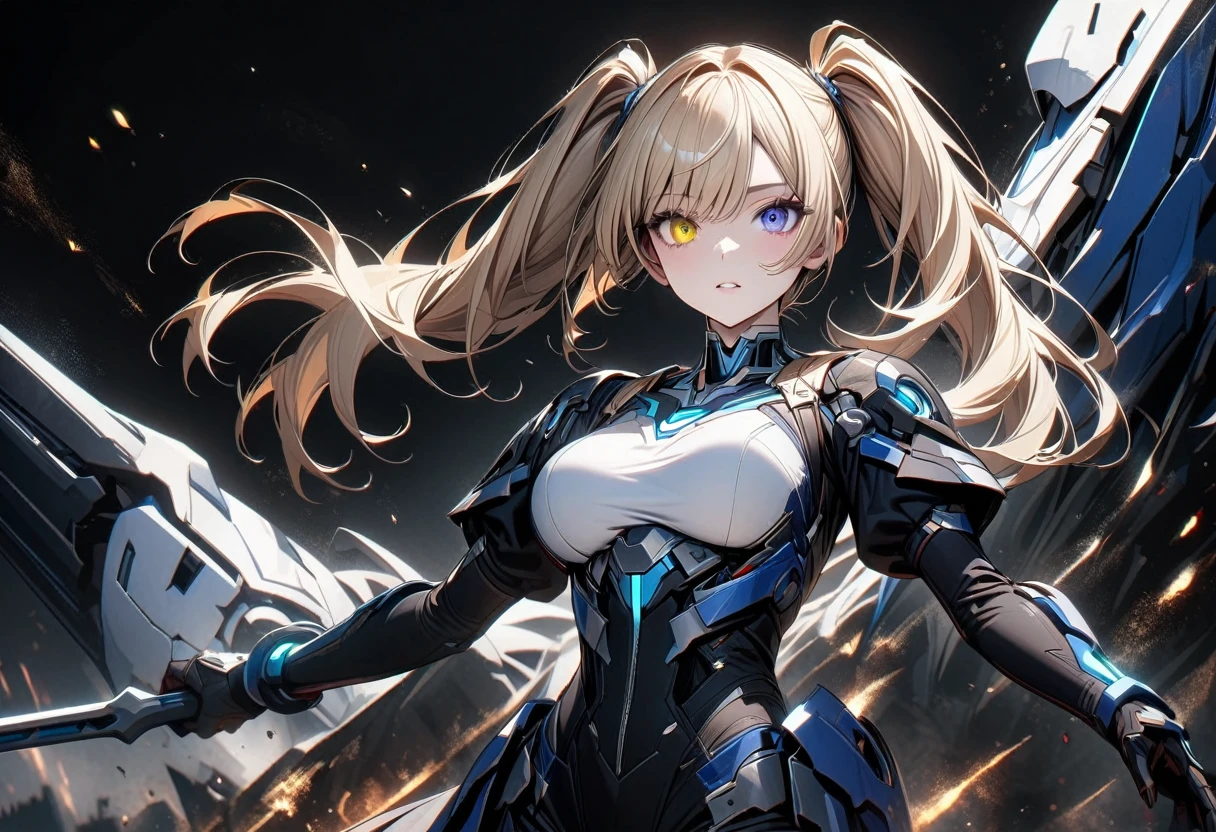 young woman, Long blonde hair, Twin tails, Heterochromia iridis, (Eye color is random),, ((アイアンマンアーマーを着ているyoung woman)), masterpiece, Highest quality, Full HD, 8k, Very detailed, Great graphics、、(Beautiful breasts)、Big Breasts、、Iron Man in the background、Cowboy Shot、(Black background;1.5)、