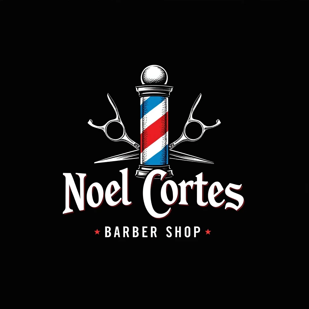 Faça uma logo de barbeiro com um símbolo 💈azul vermelho e branco escrita "Noel Cortes" with a black background and a very detailed font with a barber theme and some scissors behind, a very detailed logo 