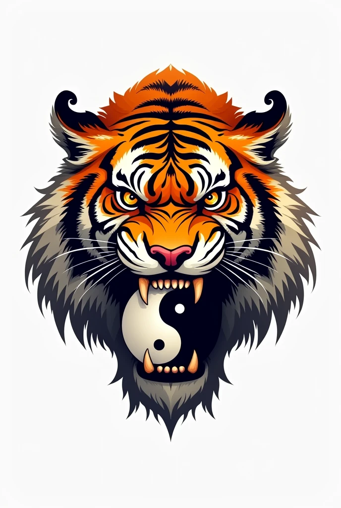 Orange tiger head logo. The tiger bites the black and white yin yang. Image with white background