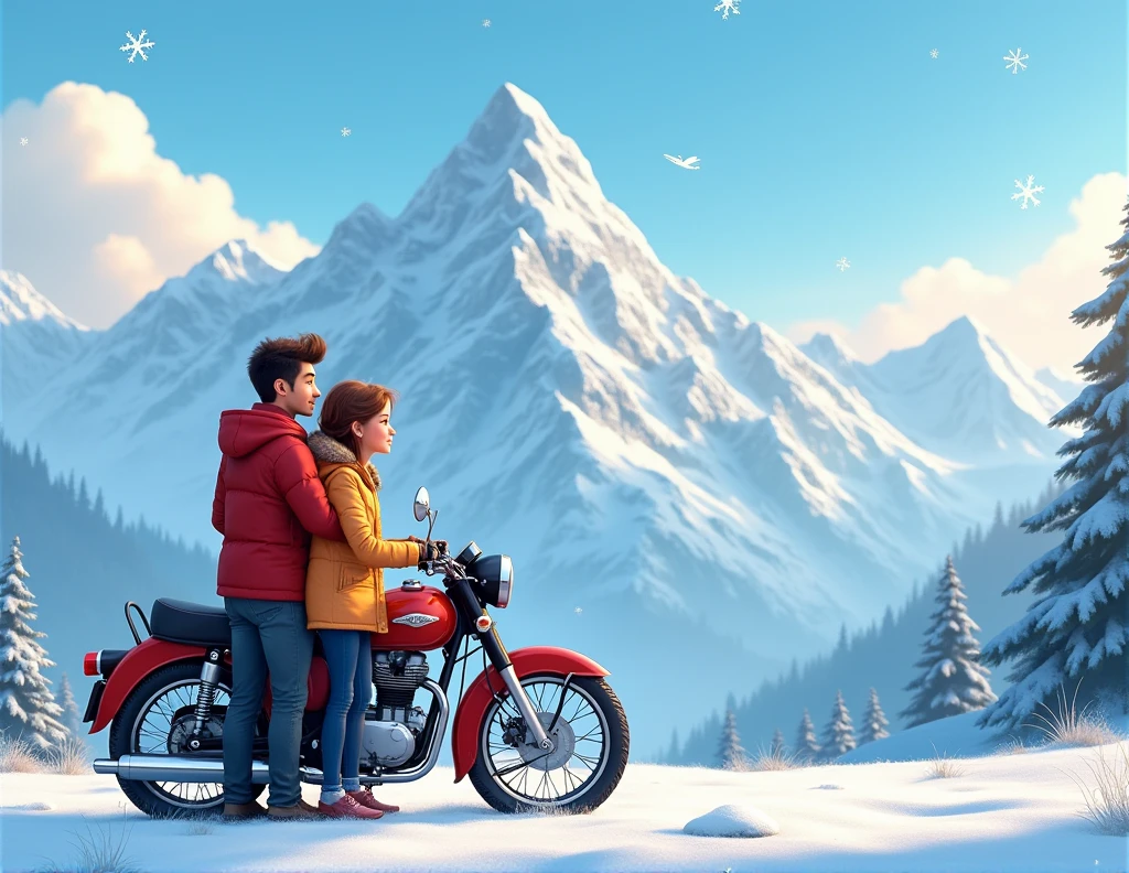 a loving couple standing beside a motorcycle, looking at a snowy mountain landscape, cartoon style, beautiful detailed eyes, beautiful detailed lips, extremely detailed eyes and face, long eyelashes, vibrant colors, soft lighting, fantasy, whimsical, highly detailed, 8k, photorealistic, studio lighting, masterpiece