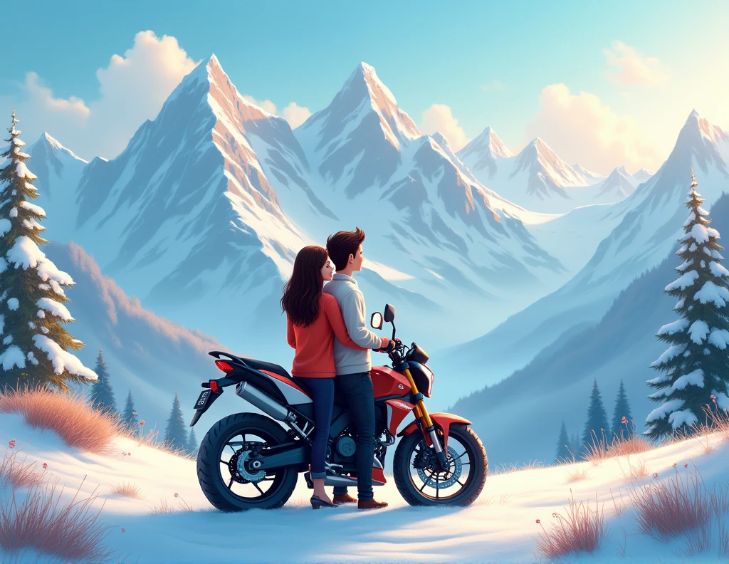 a loving couple standing beside a motorcycle, looking at a snowy mountain landscape, cartoon style, beautiful detailed eyes, beautiful detailed lips, extremely detailed eyes and face, long eyelashes, vibrant colors, soft lighting, fantasy, whimsical, highly detailed, 8k, photorealistic, studio lighting, masterpiece