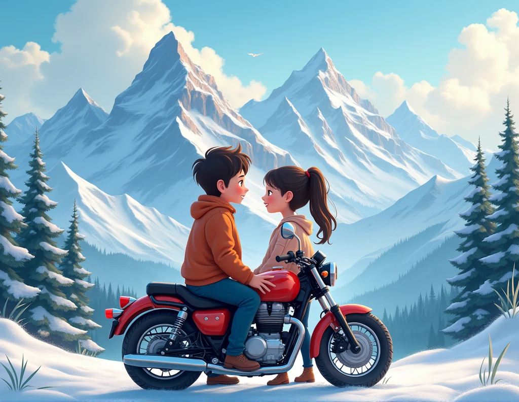 a loving couple standing beside a motorcycle, looking at a snowy mountain landscape, cartoon style, beautiful detailed eyes, beautiful detailed lips, extremely detailed eyes and face, long eyelashes, vibrant colors, soft lighting, fantasy, whimsical, highly detailed, 8k, photorealistic, studio lighting, masterpiece