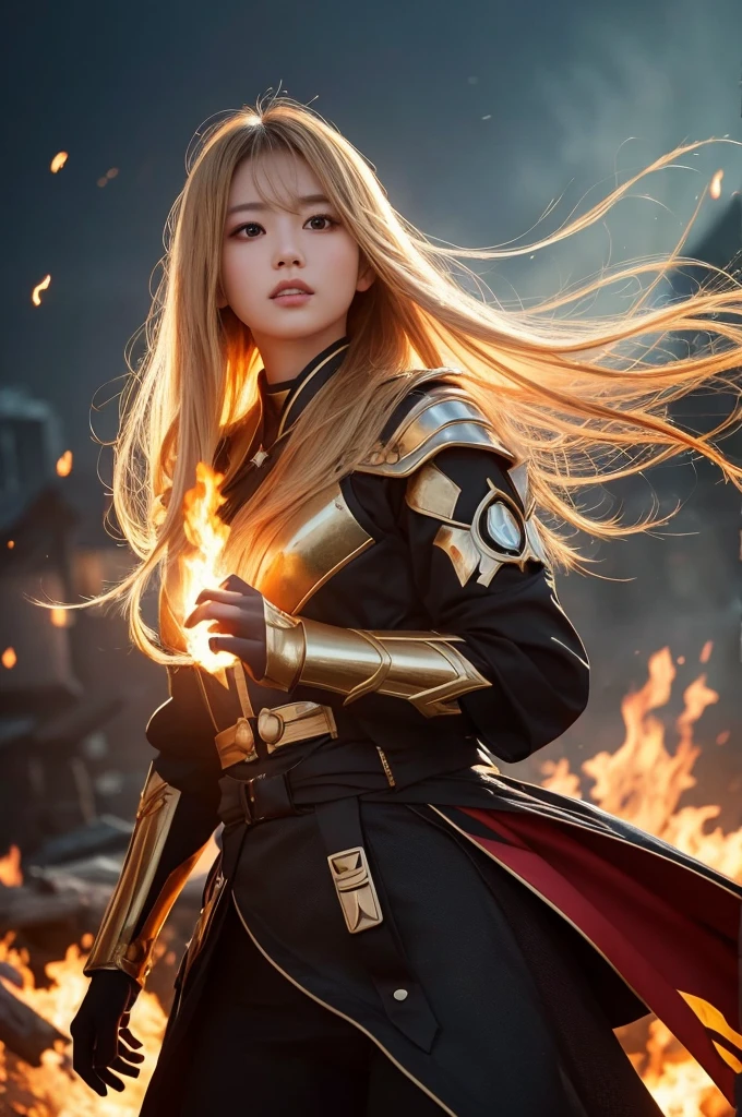 A beautiful Japanese girl、Standing against a fiery background。Her eyes are a clear blue、The makeup around the eyes is a little bold.。Her long blonde hair sparkles in the light、It looks like it's fluttering in the wind。The costumes have a futuristic design.、Made of glossy white material、Exposed skin a lot、Enhances sexiness。The arm is equipped with a mechanical accessory.、He has a big weapon in his hand。The pose is full of strength and confidence.、Stand with your legs slightly apart、Staring straight at the camera。As a photographic technique、It was shot in portrait mode.、A shallow depth of field is used to bring out the details in the subject.。Strong contrast between light and shadow、The light from the fire dramatically illuminates her outfit and hair.。The background is blurry、The floating light particles create a fantastic atmosphere.。Ultra-realistic photo-like texture、Every detail is clearly visible。