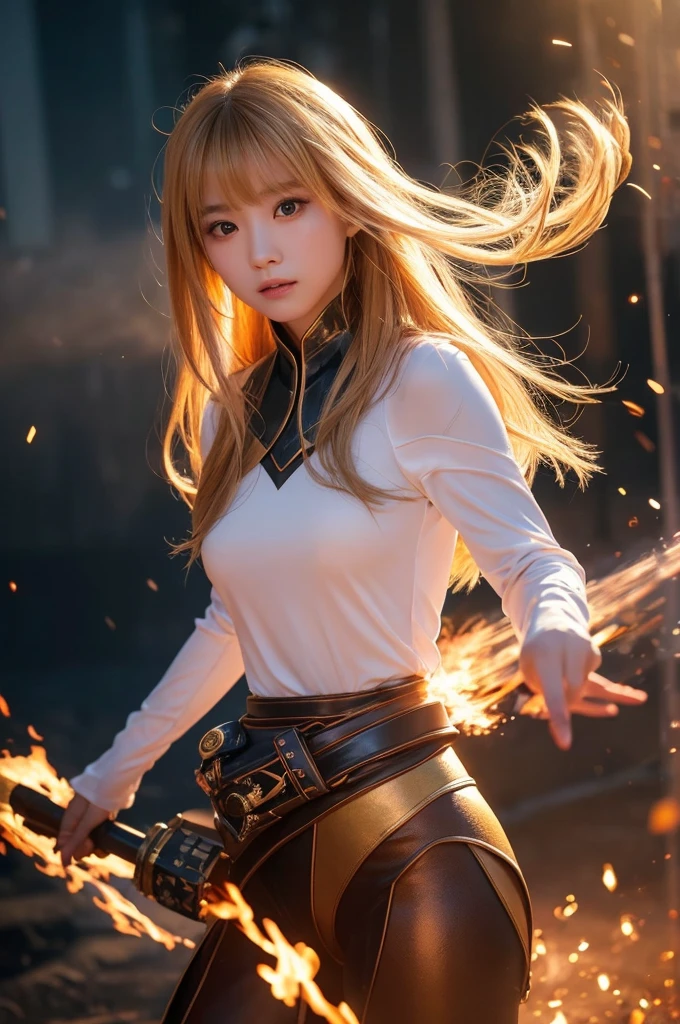 A beautiful Japanese girl、Standing against a fiery background。Her eyes are a clear blue、The makeup around the eyes is a little bold.。Her long blonde hair sparkles in the light、It looks like it's fluttering in the wind。The costumes have a futuristic design.、Made of glossy white material、Exposed skin a lot、Enhances sexiness。The arm is equipped with a mechanical accessory.、He has a big weapon in his hand。The pose is full of strength and confidence.、Stand with your legs slightly apart、Staring straight at the camera。As a photographic technique、It was shot in portrait mode.、A shallow depth of field is used to bring out the details in the subject.。Strong contrast between light and shadow、The light from the fire dramatically illuminates her outfit and hair.。The background is blurry、The floating light particles create a fantastic atmosphere.。Ultra-realistic photo-like texture、Every detail is clearly visible。