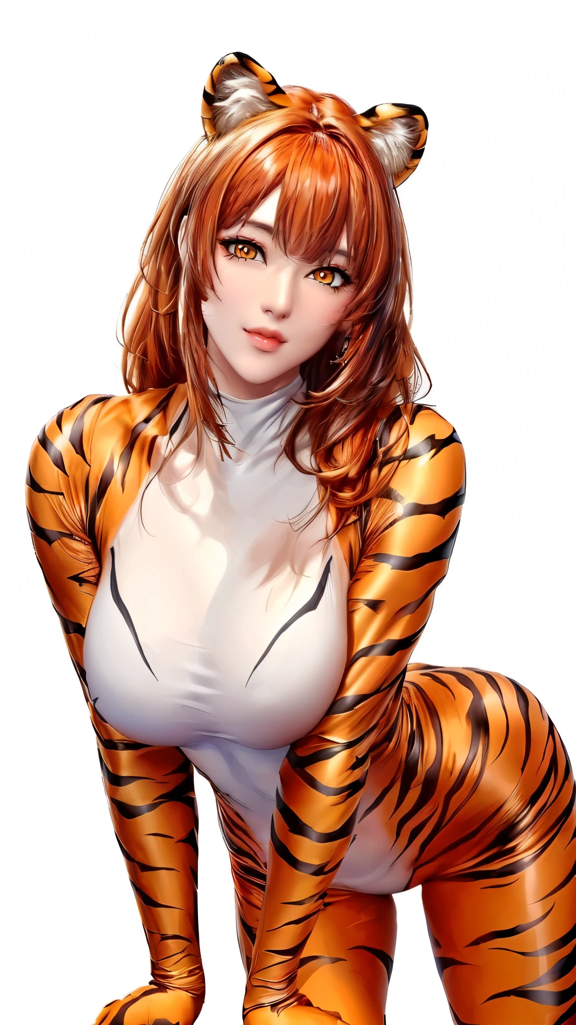 (（（Perfect body,（（（hwjsy, tigerstripebodysuit  ）））,（（（Orange hair, orange long hair, orange straight hair, golden eyes, red lips, pink powder blusher, tiger ear headdress））），((masterpiece)),high resolution, ((Best quality at best)),masterpiece,quality,Best quality,（（（ Exquisite facial features,Looking at the audience,There is light in the eyes,Smile））），）））,（（（Light and shadow,Huge breasts，）））,（（（Looking at the camera,White background,)））)